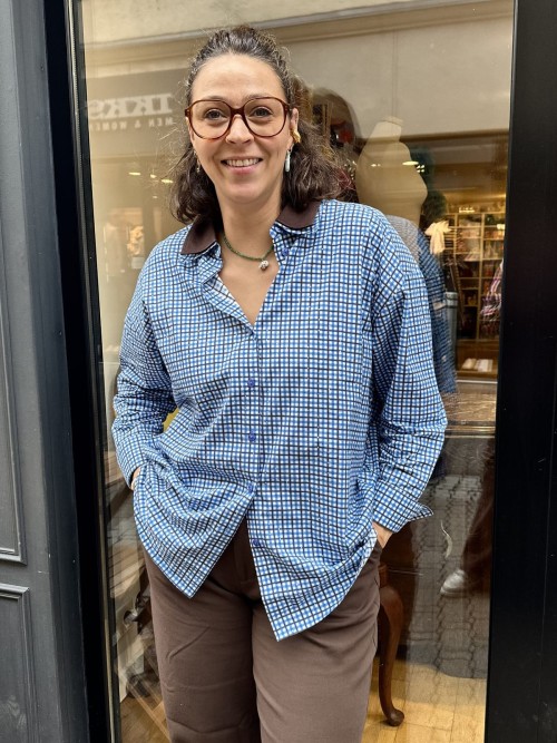 Chemise à carreaux bleue avec strass | Peonies Shop