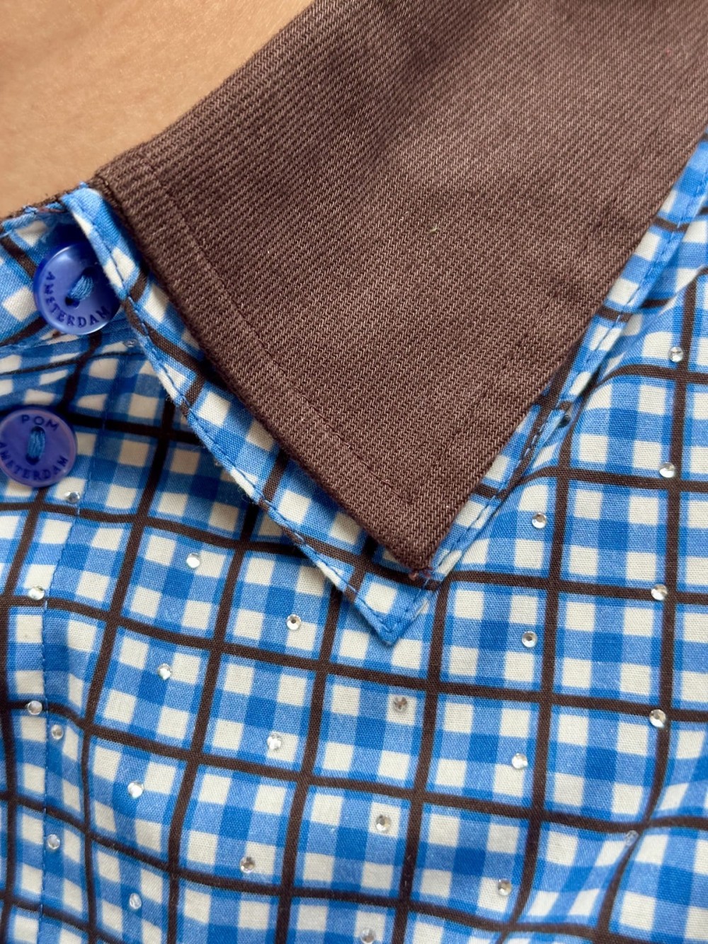 Chemise à carreaux bleue avec strass | Peonies Shop