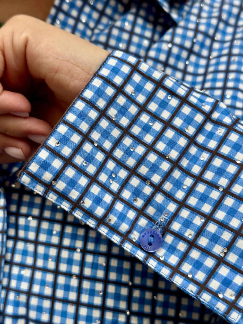 Chemise à carreaux bleue avec strass | Peonies Shop