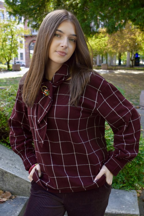 Blouse à carreaux avec foulard bordeaux ou anthracite | Peonies Shop