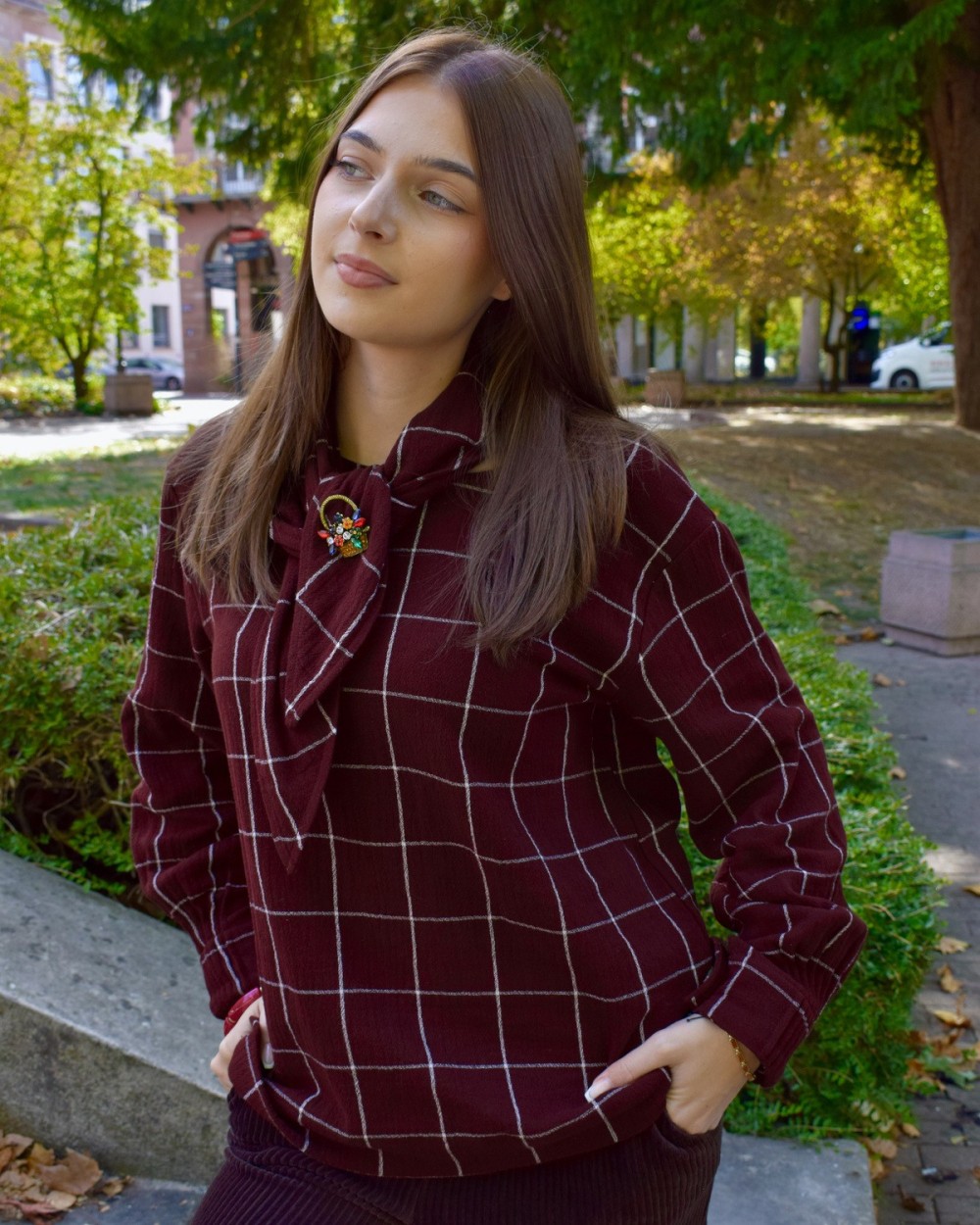 Blouse à carreaux avec foulard bordeaux ou anthracite | Peonies Shop