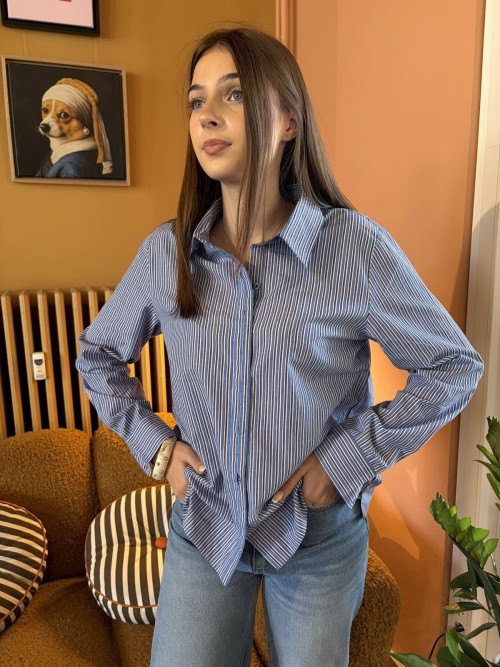 Chemise popeline rayée bleu marron femme | Peonies Shop