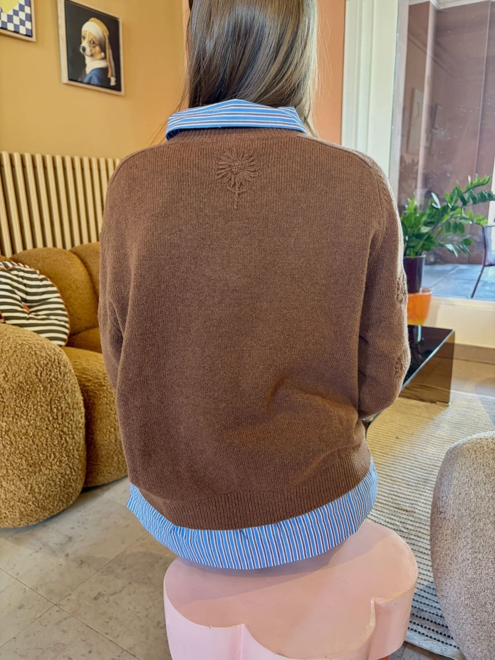 Pull cognac à fleurs brodées femme | Peonies Shop