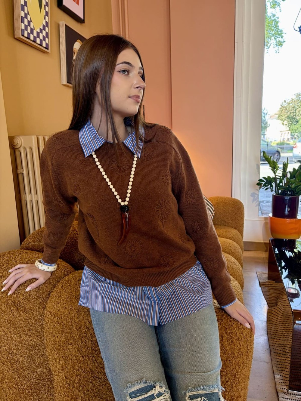 Pull cognac à fleurs brodées femme | Peonies Shop