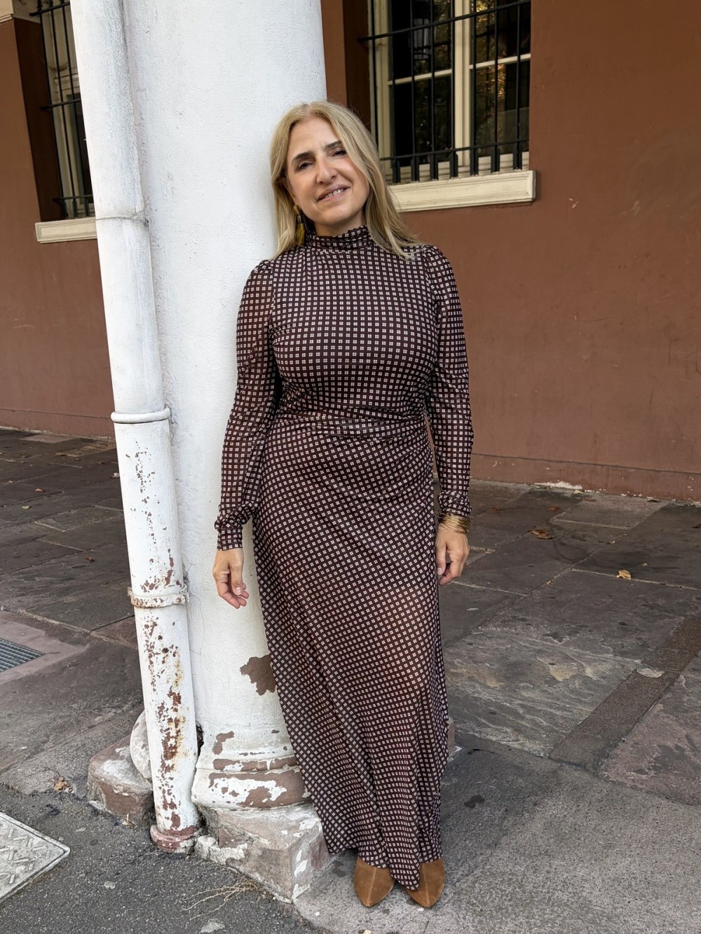 Robe longue Amber à carreaux marron | Peonies Shop