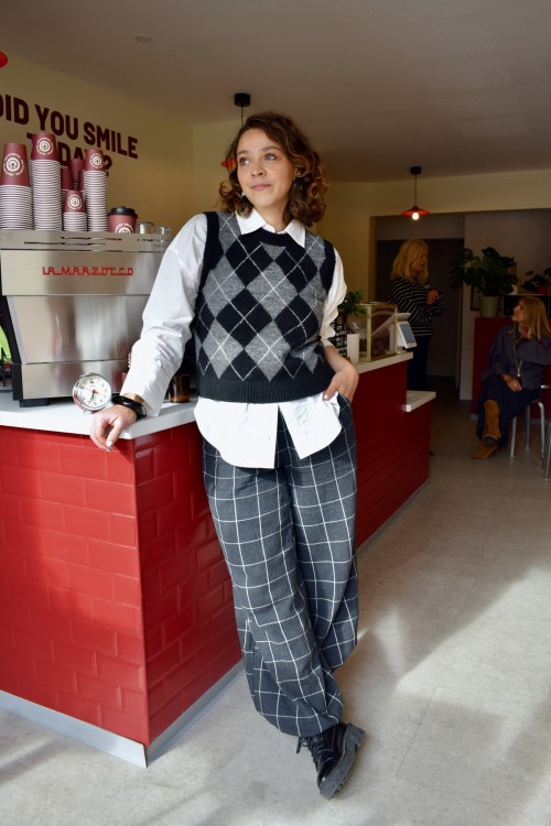 Pantalon large à carreaux gris femme | Peonies Shop